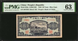 CHINA--PEOPLE'S REPUBLIC

(t) CHINA--PEOPLE'S REPUBLIC. People's Bank of China. 20 Yuan, 1949. P-823a. PMG Choice Uncirculated 63.

(S/M#C282). Bl...