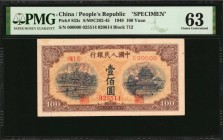 CHINA--PEOPLE'S REPUBLIC

(t) CHINA--PEOPLE'S REPUBLIC. People's Bank of China. 100 Yuan, 1949. P-833s. Specimen. PMG Choice Uncirculated 63.

(S/...