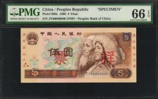 CHINA--PEOPLE'S REPUBLIC

CHINA--PEOPLE'S REPUBLIC. People's Bank of China. 5 Yuan, 1980. P-886s. Specimen. PMG Gem Uncirculated 66 EPQ.

Red spec...