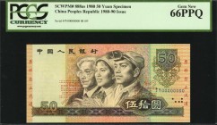 CHINA--PEOPLE'S REPUBLIC

CHINA--PEOPLE'S REPUBLIC. People's Bank of China. 50 Yuan, 1980. P-888s. Specimen. PCGS Currency Gem New 66 PPQ.

Red sp...