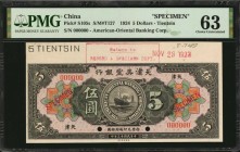 CHINA--FOREIGN BANKS

(t) CHINA--FOREIGN BANKS. American-Oriental Banking Corporation. 5 Dollars, 1924. P-S105s. Specimen. PMG Choice Uncirculated 6...