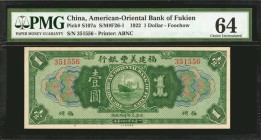 CHINA--FOREIGN BANKS

(t) CHINA--FOREIGN BANKS. American-Oriental Bank of Fukien. 1 Dollar, 1922. P-S107a. PMG Choice Uncirculated 64.

(S/M#F26-1...
