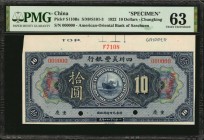 CHINA--FOREIGN BANKS

(t) CHINA--FOREIGN BANKS. American-Oriental Bank of Szechuen. 10 Dollars, 1922. P-S110Bs. Specimen. PMG Choice Uncirculated 63...