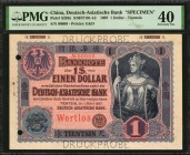 CHINA--FOREIGN BANKS

DAB 1907 1 Dollar Specimen

CHINA--FOREIGN BANKS. Deutsch-Asiatische Bank. 1 Dollar, 1907. P-S293s. Specimen. PMG Extremely ...