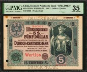 CHINA--FOREIGN BANKS

1907 DAB 5 Dollar Specimen

CHINA--FOREIGN BANKS. Deutsch-Asiatische Bank. 5 Dollars, 1907. P-S294s. Specimen. PMG Choice Ve...