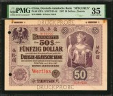 CHINA--FOREIGN BANKS

DAB 1907 50 Dollar Specimen

CHINA--FOREIGN BANKS. Deutsch-Asiatische Bank. 50 Dollars, 1907. P-s297s. Specimen. PMG Choice ...