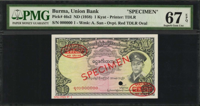 BURMA

BURMA. Union Bank. 1 Kyat, ND (1958). P-46s2. Specimen. PMG Superb Gem ...