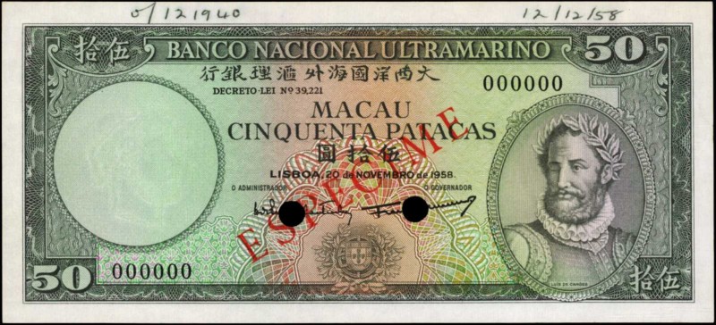 MACAU

MACAU. Banco Nacional Ultramarino. 50 Patacas, 1958. P-47a(2)s. Specime...