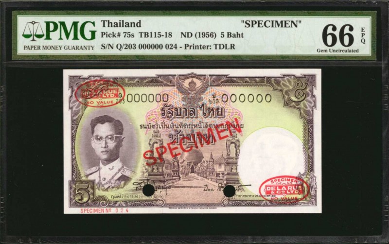 THAILAND

THAILAND. Government of Thailand. 5 Baht, ND (1956). P-75s. Specimen...