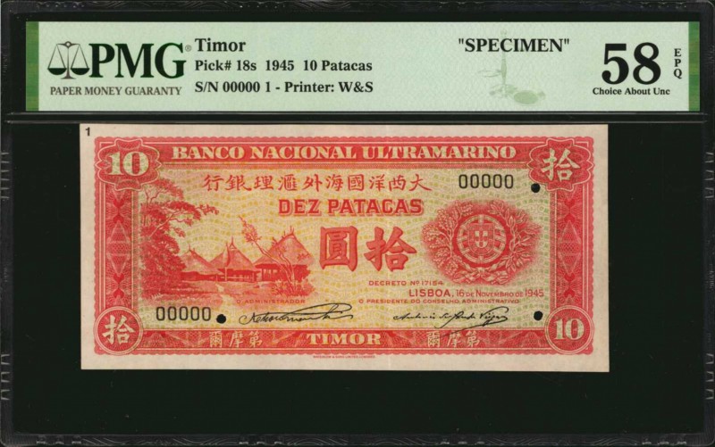 TIMOR

TIMOR. Banco Nacional Ultramarino. 10 Patacas, 1945. P-18s. Specimen. P...