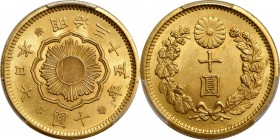 JAPAN

JAPAN. 10 Yen, Year 35 (1902). Osaka Mint. Mutsuhito (Meiji). PCGS MS-64+ Gold Shield.

Fr-51; KM-Y-33; JNDA-01-7. A highly original near-G...