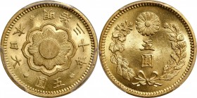 JAPAN

JAPAN. 5 Yen, Year 30 (1897). Osaka Mint. Mutsuhito (Meiji). PCGS MS-64 Gold Shield.

Fr-52; KM-Y-32; JNDA-01-8. Free from tone with exempl...