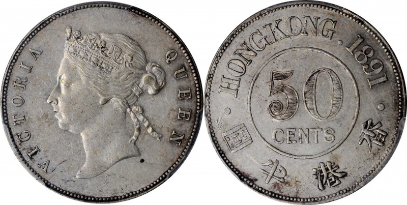 HONG KONG

(t) HONG KONG. 50 Cents, 1891. London Mint. Victoria. PCGS AU-53 Go...