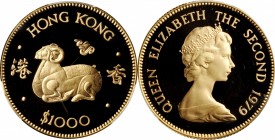 HONG KONG

(t) HONG KONG. 1000 Dollars, 1979. Lunar Series, Year of the Goat. PCGS PROOF-69 Deep Cameo Gold Shield.

Fr-5; KM-45; Mars-G5. A brill...