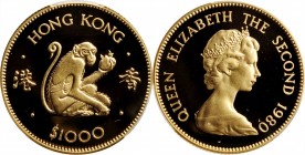 HONG KONG

(t) HONG KONG. 1000 Dollars, 1980. Lunar Series, Year of the Monkey. PCGS PROOF-69 Deep Cameo Gold Shield.

Fr-6; KM-47; Mars-G6. A bri...