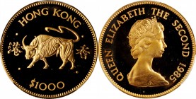 HONG KONG

(t) HONG KONG. 1000 Dollars, 1985. Lunar Series, Year of the Ox. PCGS PROOF-68 Deep Cameo Gold Shield.

Fr-11; KM-53; Mars-G11. A brill...