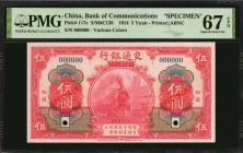 CHINA--REPUBLIC

(t) CHINA--REPUBLIC. Bank of Communications. 5 Yuan, 1914. P-117s. Specimen. PMG Superb Gem Uncirculated 67 EPQ.

(S/M#C126). Pri...