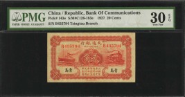 CHINA--REPUBLIC

(t) CHINA--REPUBLIC. Bank of Communications. 20 Cents, 1927. P-143e. PMG Very Fine 30 EPQ.

(S/M#C126-183e). Tsingtau branch. A V...