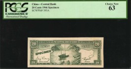 CHINA--REPUBLIC

CHINA--REPUBLIC. Central Bank of China. 20 Cents, 1946. P-395A. Specimen. PCGS Currency Choice New 63.

Green Specimen overprint....