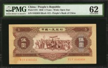 CHINA--PEOPLE'S REPUBLIC

(t) CHINA--PEOPLE'S REPUBLIC. People's Bank of China. 5 Yuan, 1956. P-872. PMG Uncirculated 62.

Block 415. Watermark of...