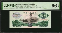 CHINA--PEOPLE'S REPUBLIC

CHINA--PEOPLE'S REPUBLIC. People's Bank of China. 2 Yuan, 1960. P-875a2. PMG Gem Uncirculated 66 EPQ.

Block 614. 3 Roma...