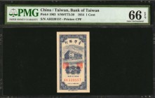 CHINA--TAIWAN

CHINA--TAIWAN. Bank of Taiwan. 1 Cent, 1954. P-1963. PMG Gem Uncirculated 66 EPQ.

(S/M#T73-20). Printed by CPF.

Estimate: $ 50 ...