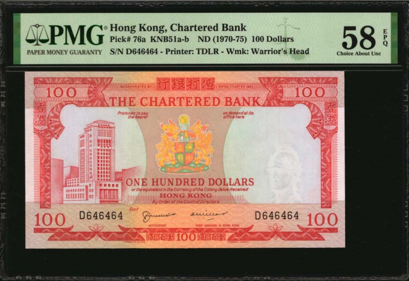 HONG KONG

HONG KONG. Chartered Bank. 100 Dollars, ND (1970-75). P-76a. Repeat...