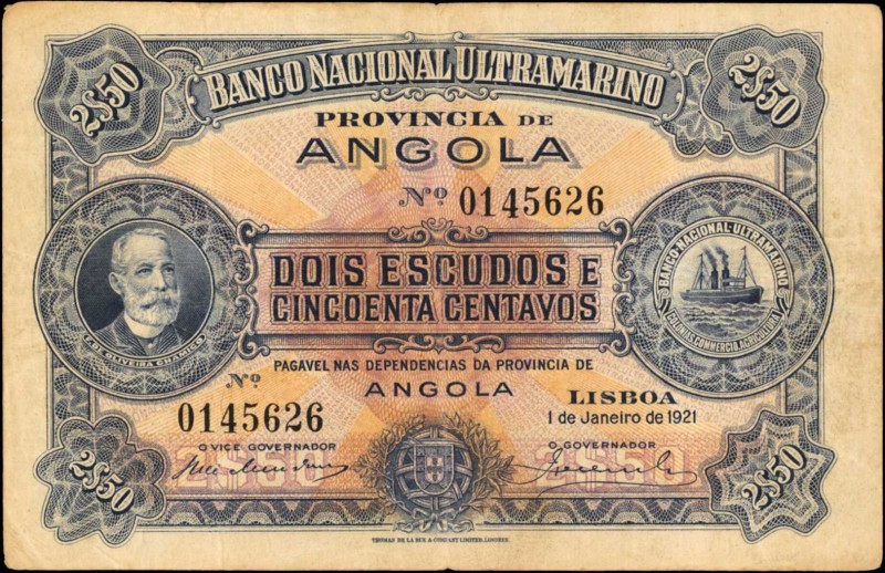 ANGOLA

ANGOLA. Banco Nacional Ultramarino. 250 Escudos, 1921. P-56. Very Fine...