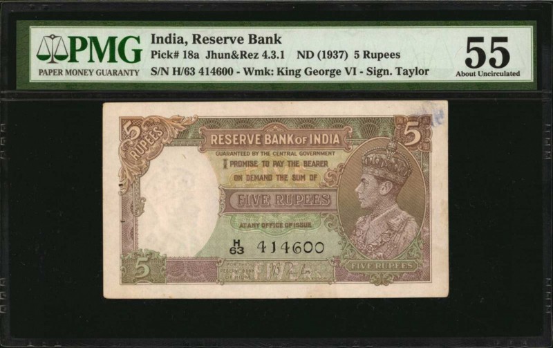 INDIA

INDIA. Reserve Bank of India. 5 Rupees, ND (1937). P-18a. PMG About Unc...