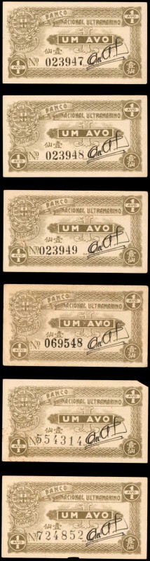 MACAU

MACAU. Lot of (6) Banco Nacional Ultramarino. 1 Avo, ND (1942). P-13. E...