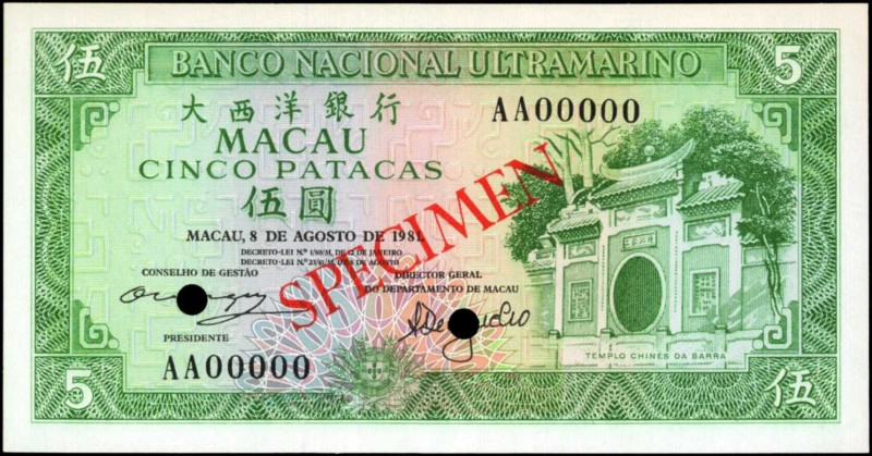 MACAU

MACAU. Banco Nacional Ultramarino. 5 Patacas, 1981. P-58as. Specimen. U...