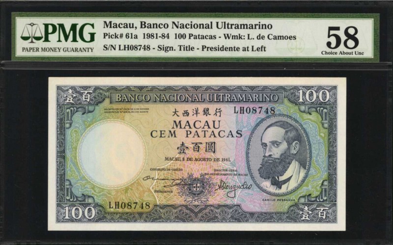 MACAU

MACAU. Banco Nacional Ultramarino. 100 Patacas, 1981-84. P-61a. PMG Cho...