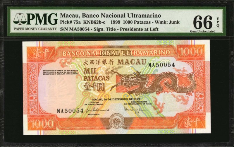 MACAU

MACAU. Banco Nacional Ultramarino. 1000 Patacas, 1999. P-75a. PMG Gem U...