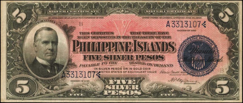 PHILIPPINES

PHILIPPINES. Philippine Islands Silver Certificate. 5 Pesos, 1910...