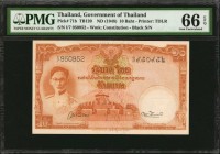 THAILAND

THAILAND. Government of Thailand. 10 Baht, ND (1948). P-71b. PMG Gem Uncirculated 66 EPQ.

Printed by TDLR. Black serial number. Waterma...