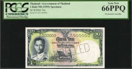 THAILAND

THAILAND. Government of Thailand. 1 Baht, ND (1955). P-74s. Specimen. PCGS Currency Gem New 66 PPQ.

Perforated cancelled. Black specime...