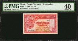 TIMOR

TIMOR. Banco Nacional Ultramarino. 5 Avos, 1940. P-12. PMG Extremely Fine 40.

Dark red ink of the design stands out on this 5 Avos note.
...