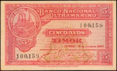 TIMOR

TIMOR. Banco Nacional Ultramarino. 5 Avos, 1940. P-12A. Australian Army Forgery. Very Fine.

An Australian Army forgery of this 5 Avos note...