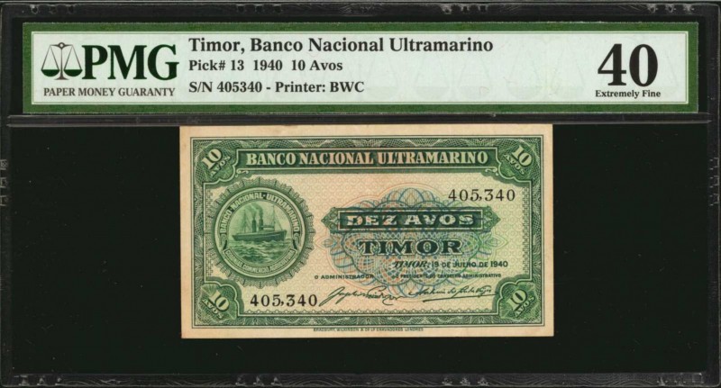 TIMOR

TIMOR. Banco Nacional Ultramarino. 10 Avos, 1940. P-13. PMG Extremely F...