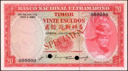 TIMOR

TIMOR. Banco Nacional Ultramarino. 20 Escudos, 1967. P-26a(4)cts. Color Trial Specimen. Uncirculated.

Dark red ink makes up the border des...