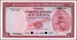 TIMOR

TIMOR. 50 Escudos, 1967. P-27a(5)cts. Color Trial Specimen. Uncirculated.

Red specimen overprint with punch cancellations through the sign...