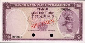 TIMOR

TIMOR. Banco Nacional Ultramarino. 100 Escudos, ND. P-28cts. Color Trial Specimen. Uncirculated.

No date or signatures. Red specimen overp...