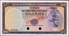 TIMOR

TIMOR. Banco Nacional Ultramarino. 500 Escudos, ND. P-29s. Specimen. About Uncirculated.

No date or signatures. With red specimen overprin...