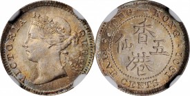 HONG KONG

HONG KONG. 5 Cents, 1901. London Mint. Victoria. NGC MS-66+.

KM-5. A lovely, boldly struck Gem with champagne toning.

Estimate: $ 8...