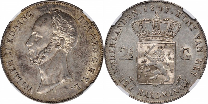 NETHERLANDS

NETHERLANDS. 2-1/2 Gulden, 1847. Utrecht Mint. William II. NGC AU...