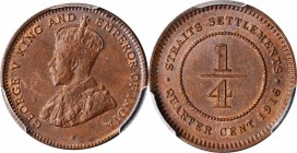 STRAITS SETTLEMENTS

STRAITS SETTLEMENTS. 1/4 Cent, 1916. London Mint. PCGS MS-64 Brown Gold Shield.

KM-17; Prid-226. A pleasing, near Gem qualit...