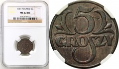 Poland II Republic
POLSKA / POLAND / POLEN / POLOGNE / POLSKO

II RP. 5 groszy 1931 NGC MS62 BN 

Menniczy egzemplarz w brązowej patynie z ładnie...