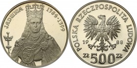 Coins Poland People Republic (PRL)
POLSKA / POLAND/ POLEN / POLOGNE / POLSKO

PRL. 500 zlotych 1988 Jadwiga 

Menniczy egzemplarz. Moneta w slabi...