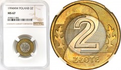 Polish collector coins after 1990
POLSKA / POLAND / POLEN / POLOGNE / POLSKO

III RP. 2 zlote 1994 NGC MS67 - IDEALNE 

Pierwszy rocznik po denom...