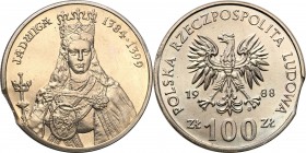 Mint Errors of PRL and III RP
POLSKA / POLAND / POLEN / MINT ERROR / DESTRUKT

PRL. 100 zlotych 1988 Jadwiga - MINT ERROR 

Moneta wybita na przy...